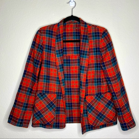 Vintage Jackets & Blazers - Vintage Red Plaid Wool Open Front Blazer Jacket